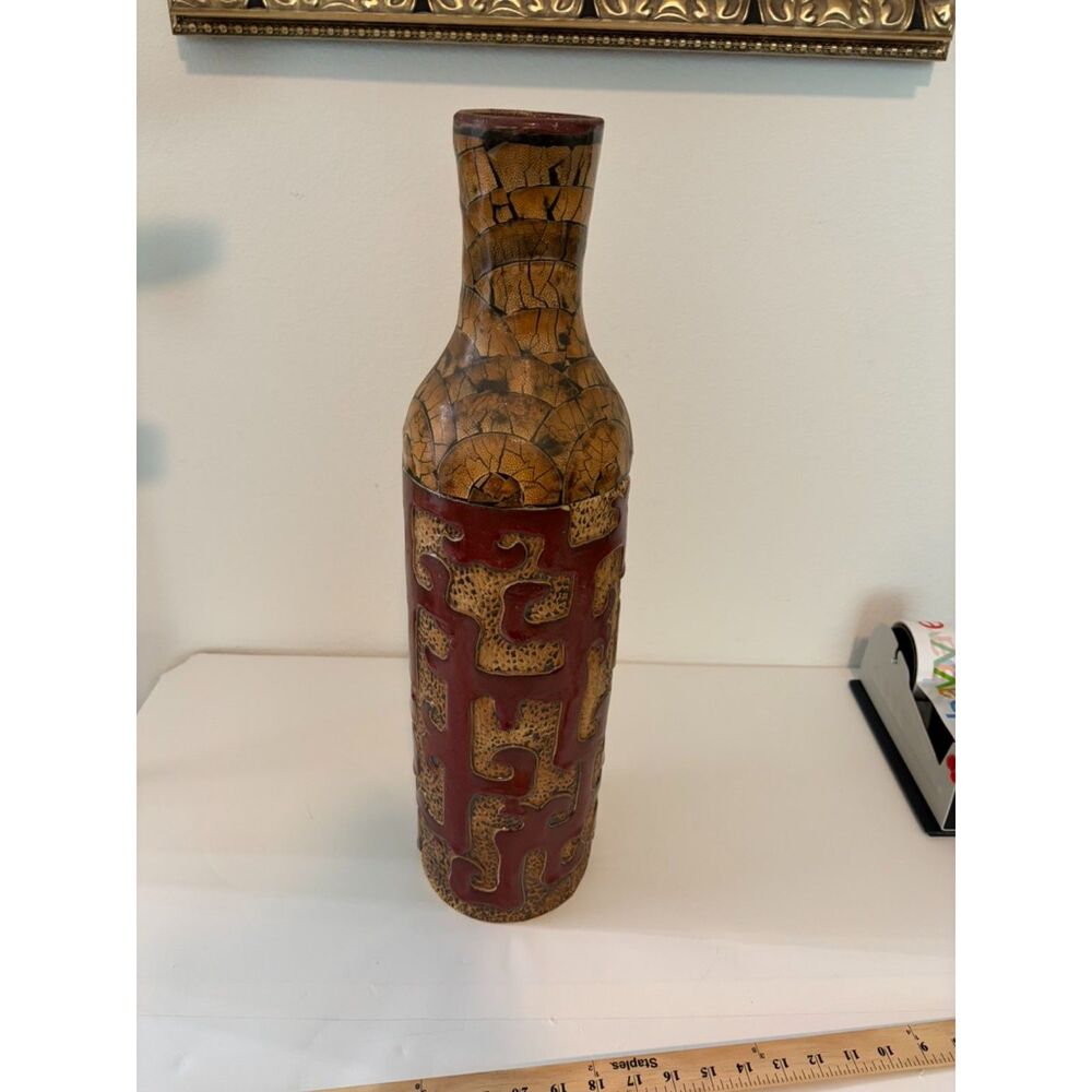 Vtg. Large 23" tall pottery vase in maroons and browns